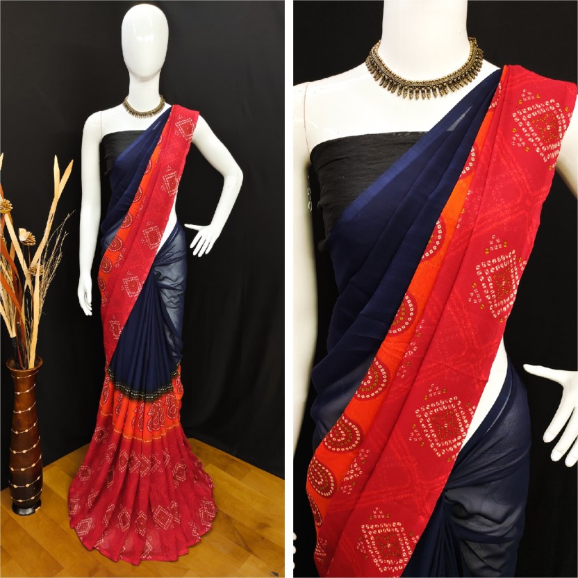 Floral Print Daily Wear Georgette Saree  (Red, Blue)