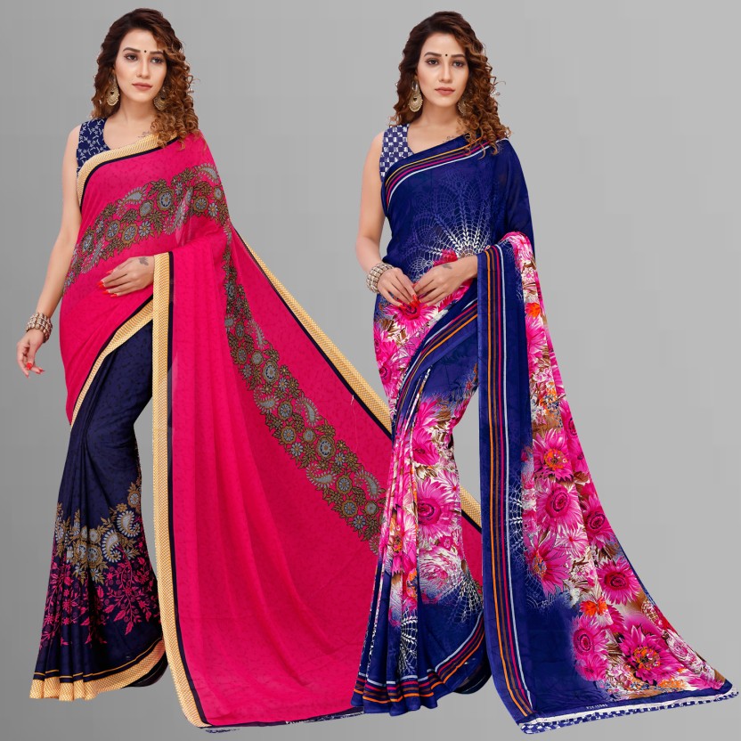 Floral Print Daily Wear Georgette Saree  (Pack of 2, Pink, Blue, Multicolor)