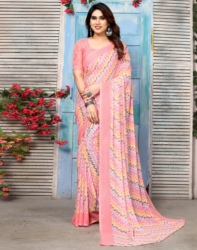 Samah - Geometric Print, Printed Daily Wear Georgette Saree  (Pink, Multicolor)