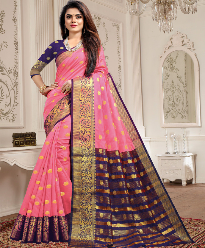 KING VULTURE - Woven, Paisley, Self Design Banarasi Pure Silk, Cotton Silk Saree  (Pink)