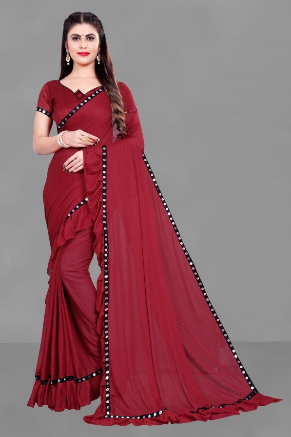 Solid Bollywood Lycra Blend Saree  (Maroon)