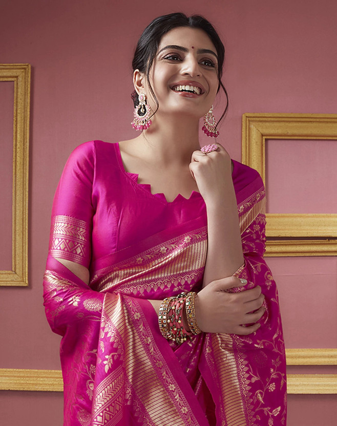 Woven, Embellished Banarasi Pure Silk, Jacquard Saree  (Pink)