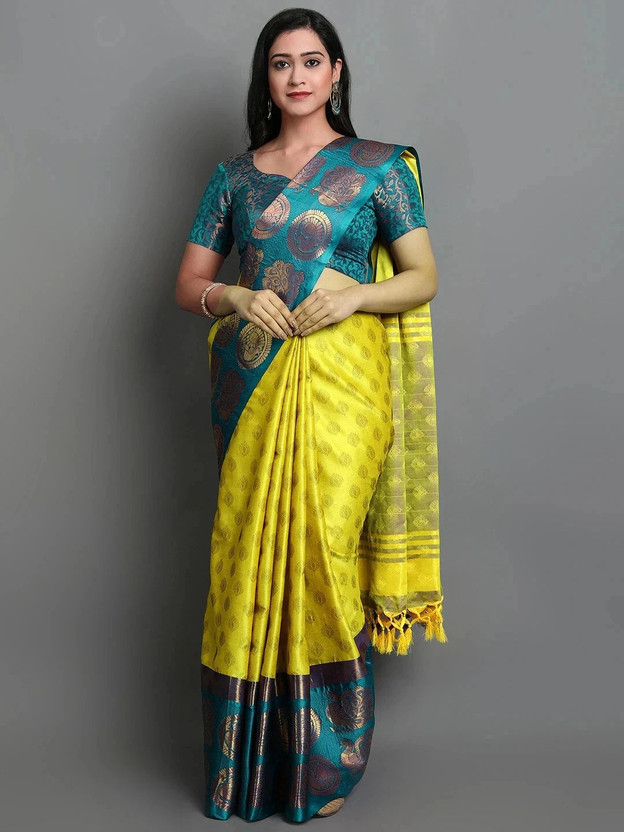 Embellished, Floral Print, Printed, Self Design, Temple Border, Solid/Plain, Woven Kanjivaram Cotton Silk, Art Silk Saree  (Light Green, Green)