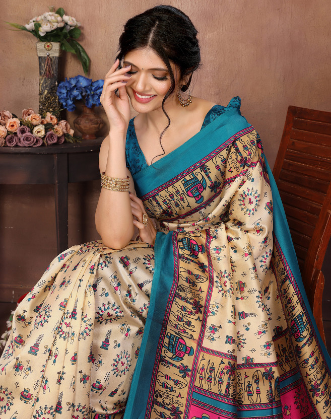 Printed Daily Wear Art Silk Saree  (Blue)