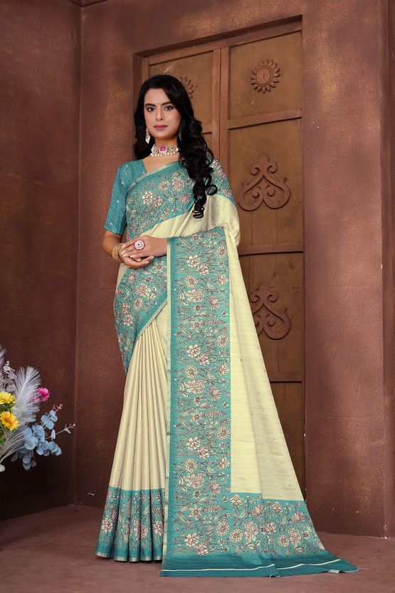 Printed Bollywood Art Silk Saree  (Cream, Green)