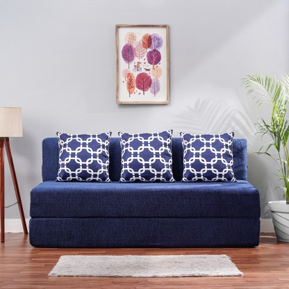 Solis Primus-comfort for all 5X6 size Sofa cum Bed for 3 Person- 3 Seater Moshi Fabric Washable Cover with 3 Cushion(Multi Chain Pattern)- Blue. Double Sofa Bed  (Finish Color - Moshi Blue Mechanism Type - Fold Out Delivery Condition - Pre-assembled)