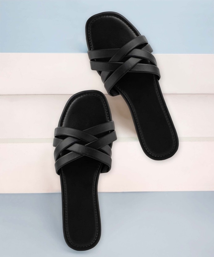 |Premium|Comfort|Trendy|Lightweight|Stylish|Flats|Chapal|Slippers Women Slides  (Black 4)
