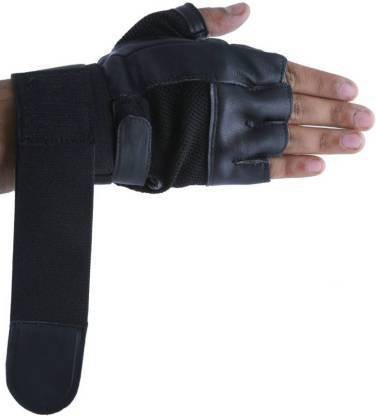 LA OTTER Leather with Wrist Band Gym & Fitness Gloves Gym & Fitness Gloves  (Black)