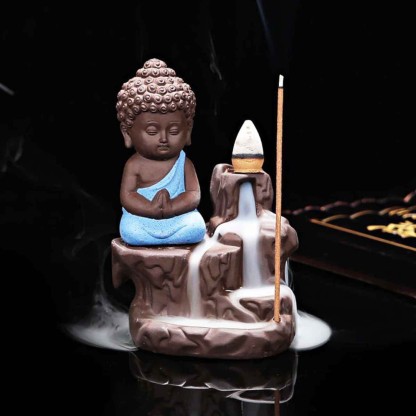 Craft Junction Handcrafted Meditating Little baby Monk Buddha Smoke Backflow Cone Incense Holder Decorative Showpiece  -  12 cm  (Polyresin, Blue)