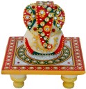eCraftIndia Lord Ganesha on Kundan Studded Marble Chowki Decorative Showpiece  -  10 cm  (Marble, Red, Green)