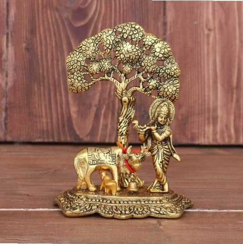 Krishna with Cow Standing Under Tree Plying Flute Decorative Decorative Showpiece  -  10 cm (Metal, Gold)
