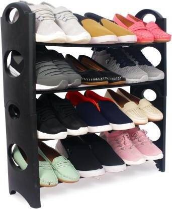 Jaagriti Articles Plastic Collapsible Shoe Stand  (Black, White, 4 Shelves, DIY(Do-It-Yourself))