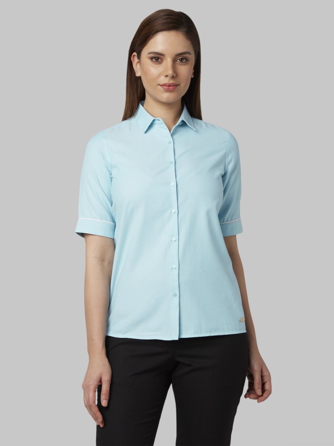Women Regular Fit Solid Cut Away Collar Casual Shirt