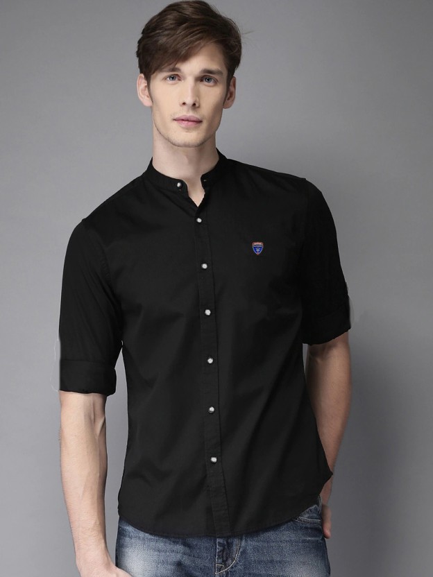 Men Slim Fit Solid Mandarin Collar Casual Shirt