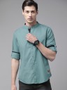 Men Regular Fit Solid Mandarin Collar Casual Shirt