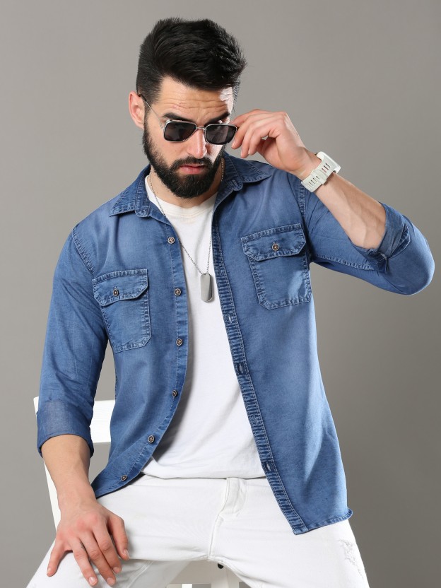 Men Regular Fit Washed Cut Away Collar Casual Shirt