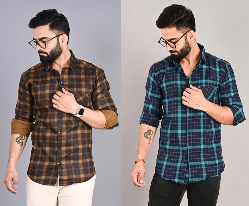 Men Slim Fit Checkered Spread Collar Casual Shirt  (Pack of 2)