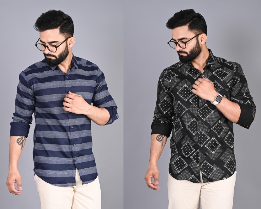 Men Slim Fit Striped Spread Collar Casual Shirt