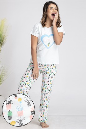 Women Graphic Print Blue Top & Pyjama Set
