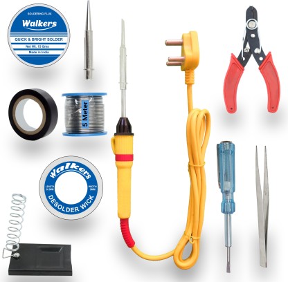 Walkers Beginners 10in1 Mobile Soldering Iron Equipment Tool Machine Combo Kit Set with Flux Paste and Wire 25 W Simple  (Flat, Pointed Tip)