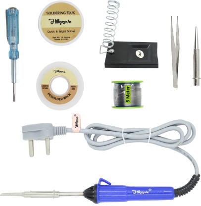 Hillgrove 8in1 Basic 25W Soldering Iron Kit with 5 Meter Solder Wire, Flux, Stand, Tester, Bit, Tweezer, Wick 25 W Simple  (Flat, Pointed Tip)
