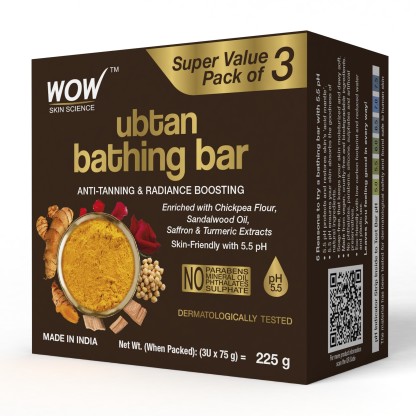 WOW Skin Science Ubtan Bathing Bar - Anti-Tanning - with Chickpea flour,Sandalwood Oil, Saffron & Turmeric Extract - Skin-Friendly with 5.5 pH - No Parabens, Mineral Oil, Phthalates, Sulphate - 225g  (3 x 75 g)