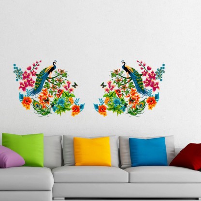 Aquire Wall Stickers Peacock Birds on Colourful Branch Leaves Wall Design Sofa Background Vinyl Extra Large PVC Vinyl  (Pack of 1)