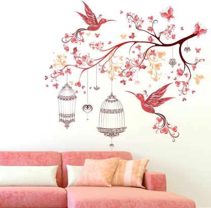 Flipkart SmartBuy Wall Stickers Floral Branch Red Birds Butterflies & Lamps For Bedroom Extra Large PVC Vinyl  (Pack of 1)
