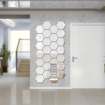 wall1ders 28 Hexagon Silver 3D Acrylic Mirror Wall Sticker for Home & Office Medium Wall Sticker  (Pack of 28)