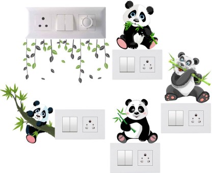 Byte Studio Switch penal sticker of Cute baby panda and panda hanging tree with branch for decoretive your home's switch board(pvc vinyl sticker, Multicolor) Large wall sticker  (Pack of 1)
