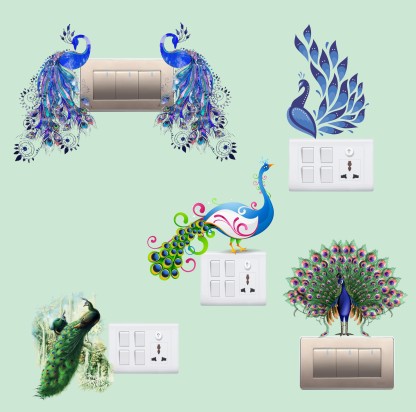 Archi Graphics Studio Attractive peacock SwitchBoard Sticker & Wall Sticker Small Switch Board Sticker  (Pack of 5)