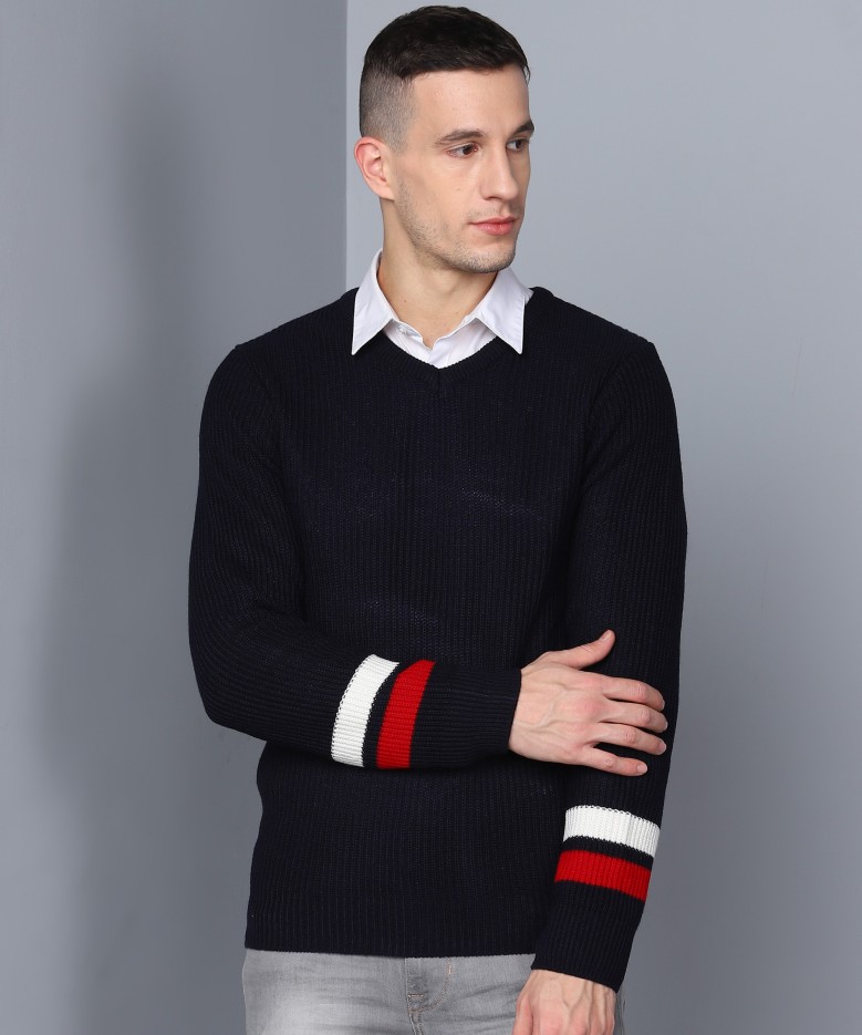 Woven V Neck Casual Men Dark Blue Sweater