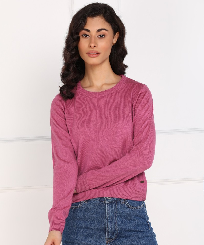Solid Round Neck Casual Women Pink Sweater