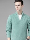 Men Striped High Neck Green Sweater