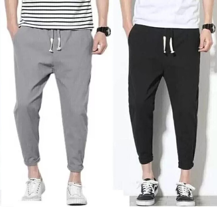 Pack of 2 Men Solid Grey, Black Track Pants