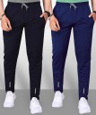 Pack of 2 Men Solid Black, Blue Track Pants