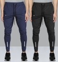 Pack of 2 Men Solid Black, Blue Track Pants