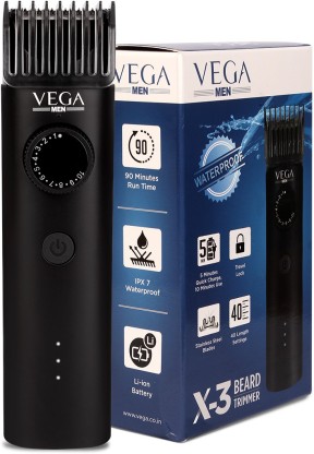VEGA Men X3 Beard Trimmer For Men With Quick Charge, 90 Mins Run-time, Waterproof, For Cord & Cordless Use And 40 Length Settings, (VHTH-24)  Runtime: 90 min Trimmer for Men  (Black)