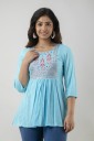 Casual Regular Sleeves Embroidered Women Blue Top