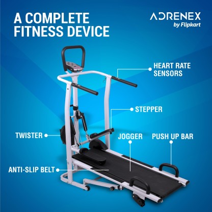 Adrenex by Flipkart 4 in 1 Multipurpose Pro Manual with Jogger, Push Up bar, stepper and twister with Free Installation Treadmill