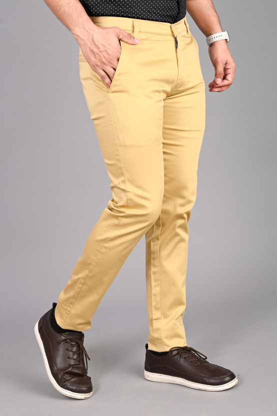 Men Slim Fit Beige Cotton Blend Trousers