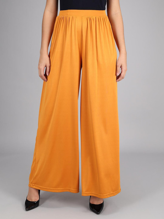 Women Flared Yellow Viscose Rayon Trousers