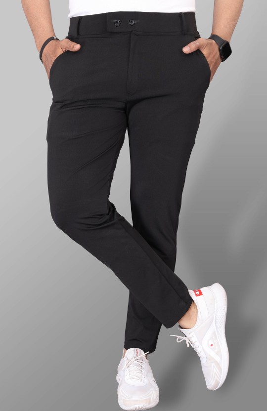 Men Slim Fit Black Lycra Blend Trousers