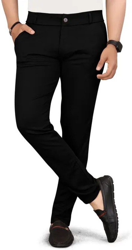 Men Regular Fit Black Lycra Blend Trousers
