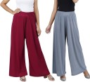 Pack of 2 Women Maroon, Grey Cotton Silk Trousers
