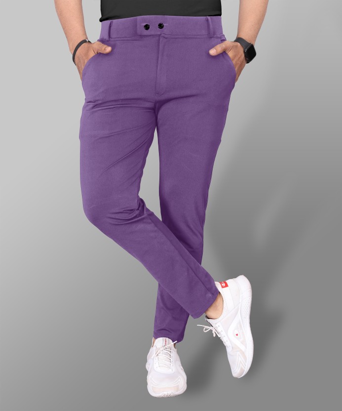 Men Slim Fit Purple Lycra Blend Trousers