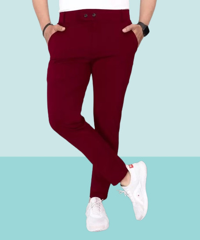 Men Regular Fit Maroon Lycra Blend Trousers