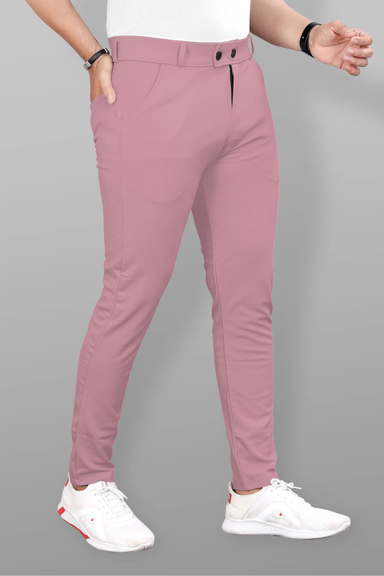 Slim Fit Men Pink Lycra Blend Trousers