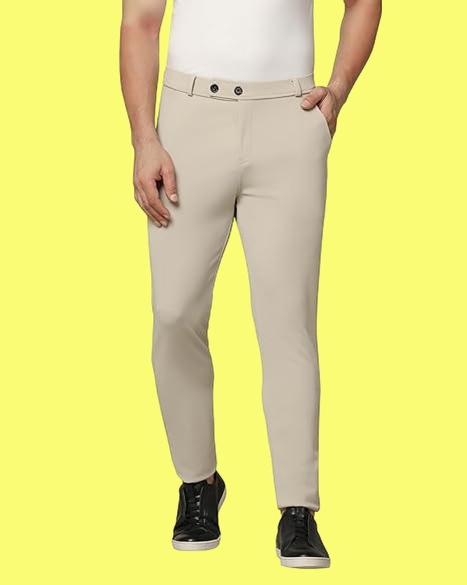 Regular Fit Men Lycra Blend Beige Lycra Blend Trousers