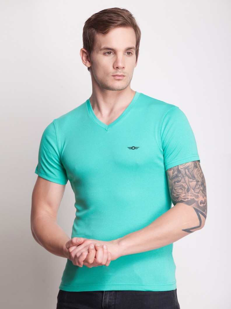 Solid Men V-neck Green T-Shirt